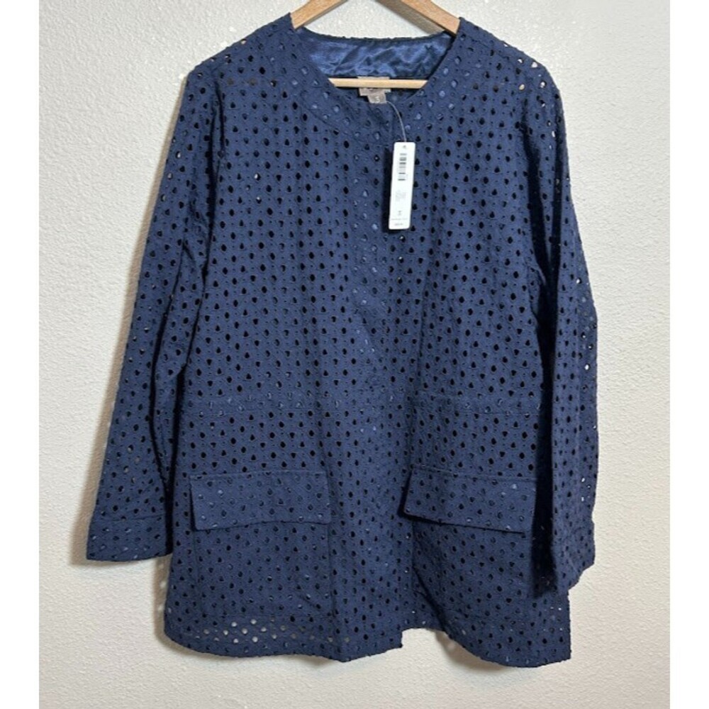 NEW Chico's Eyelet Jacket 3 US XL Navy Blue 100% Cotton Button Up Long Cinch NWT - Picture 2 of 11